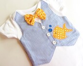 Navy Blue Seersucker Goldfish Birthday Applique Tuxedo Onesie Vest with Removable Matching Bow Tie
