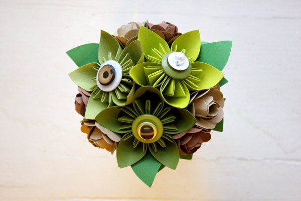Paper Flower Bouquet, Toss Bouquet, Wedding, Green, Brown, Tan, Kusudama, Rose