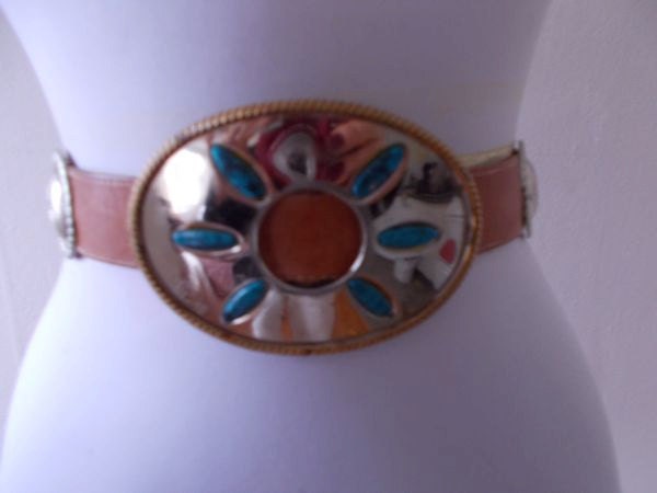 SALE Wide Vintage 1970s 1980s Brown Leather SILVER TURQUOISE Hippie Belt