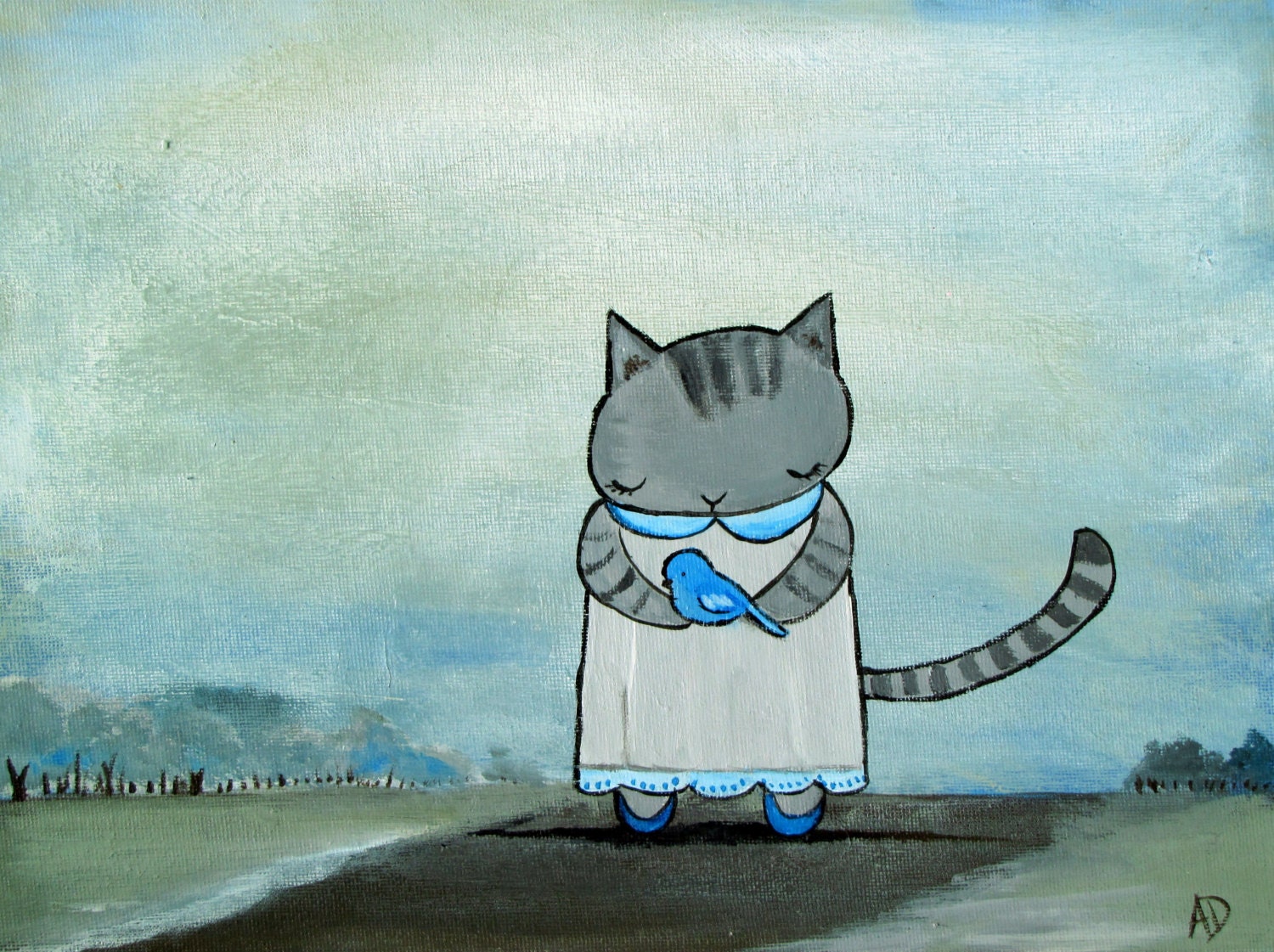 Whimsical Storybook Kitty Cat, Nursery Wall Art, Original Acrylic Painting