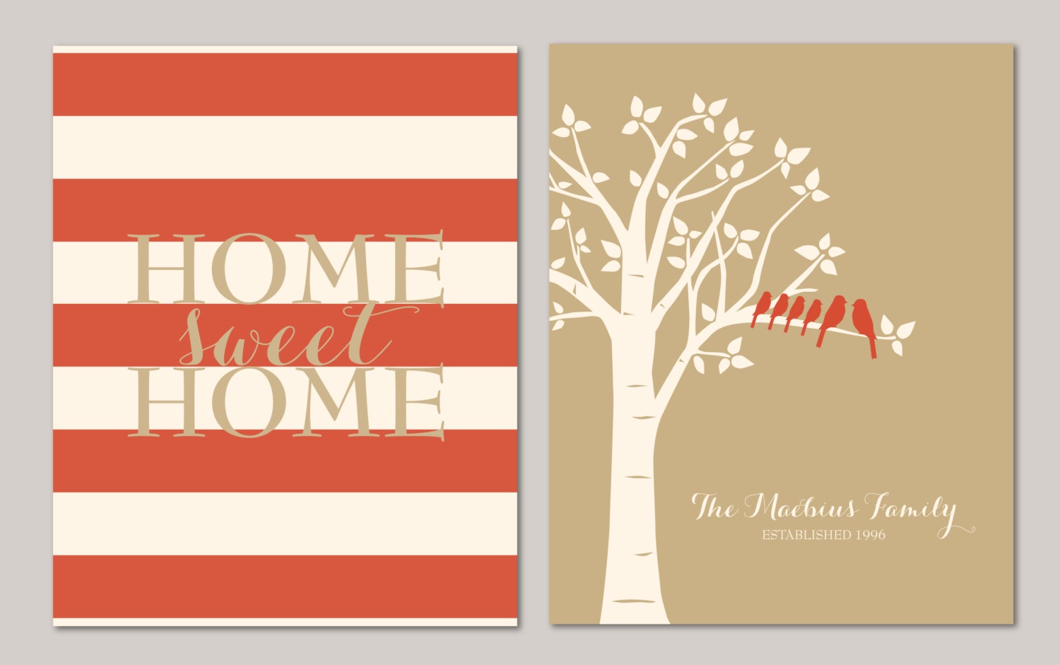 Custom Love Birds Family Tree Print - Home Sweet Home Striped Print - Mother's Day Gift - Home Decor -Set of two 8"x10"s