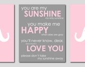 Pink and Gray Modern Nursery - Elephant Silhouettes and You are my Sunshine- Art for Nursery - Set of three 8"x10" prints