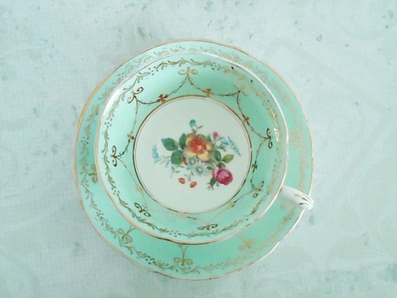 Mint Green Teacup and Saucer Set - Vintage Pastel Green Tea Cups and Saucers