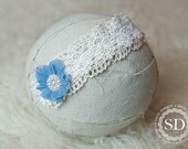 Ivory & White Layered Lace Headband with Blue Flower -- Newborn Photography Prop
