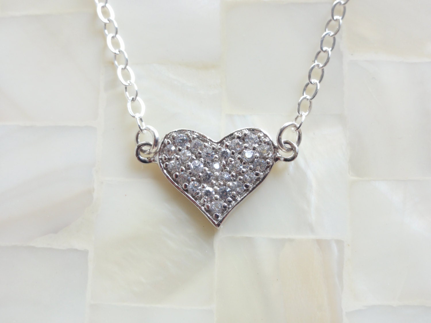 Sterling Silver Pave CZ Heart Connector on Sterling Silver Chain Necklace (N1633)