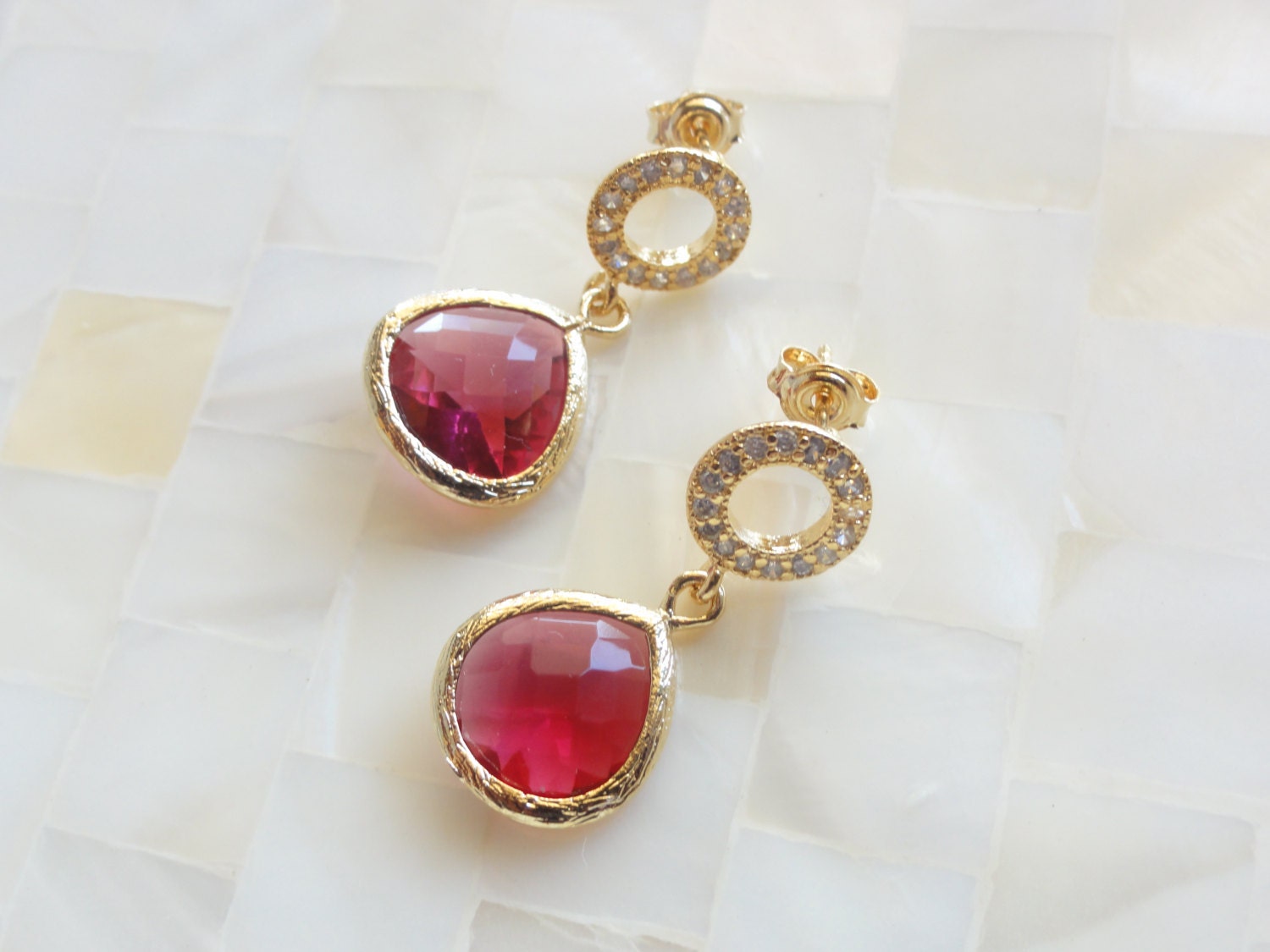 Gold Pave Crystal Circle Posts & Pink Ruby Glass Bezel Dangle Earrings (E1228)