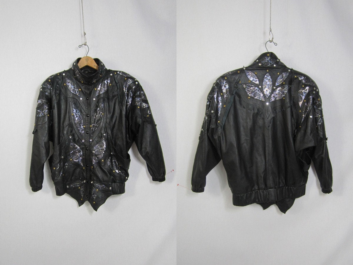 80s Avant Garde Jacket . Bold Rhinestone Black Leather Baggy Coat . Large XL