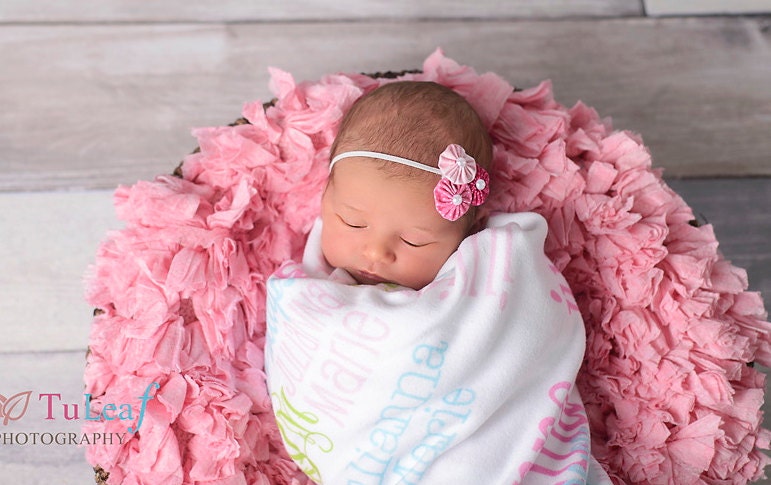 Precious Pink Yo-Yo Trio with Pearl Centers on a White Skinny Headband (Newborn, Toddler, Child)