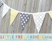 Little Man - Grey Dot & Yellow Stripe Mustache Fabric Pennant Bunting Banner - great for birthday party decor, nursery, playroom, photo prop