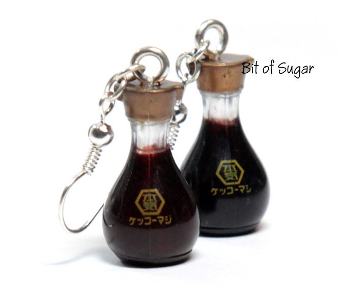 Soy Sauce Bottle Earrings - Shoyu Japanese Food Kawaii Cute Miniature Food Jewelry