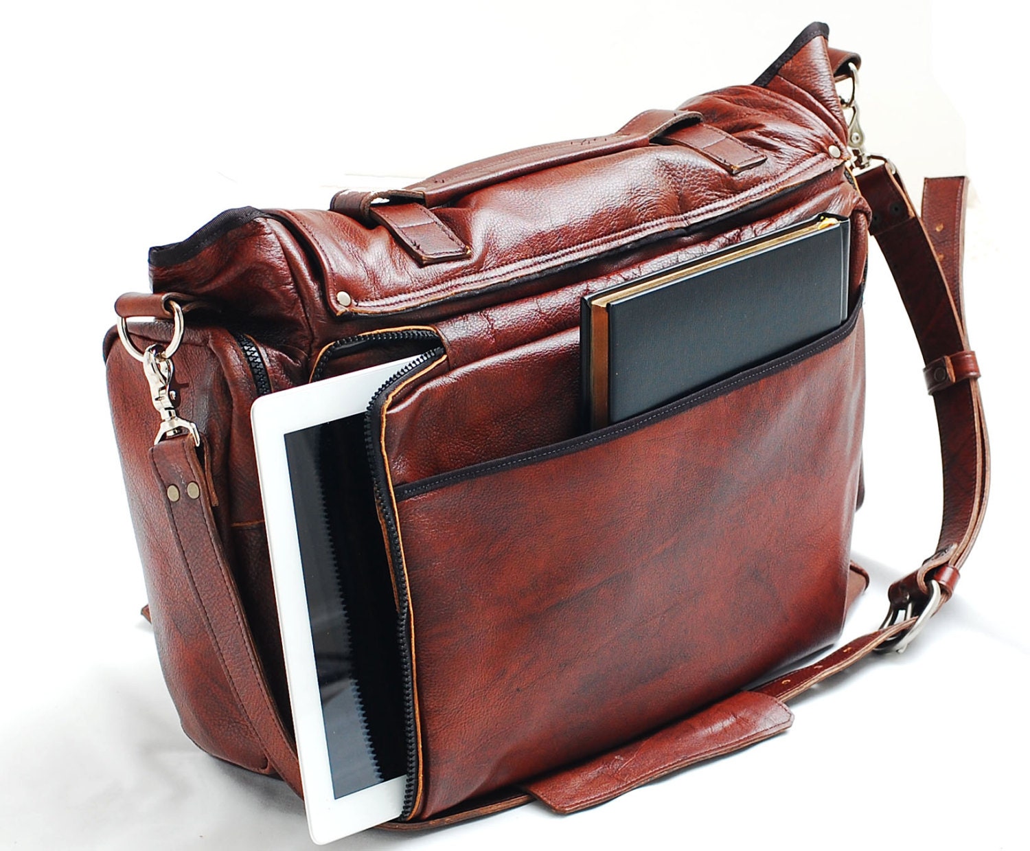 Custom Leather messenger bag 22 inch leather bag cross body, leather Laptop bag or Mac Book bag , shoulder bag in Tobacco