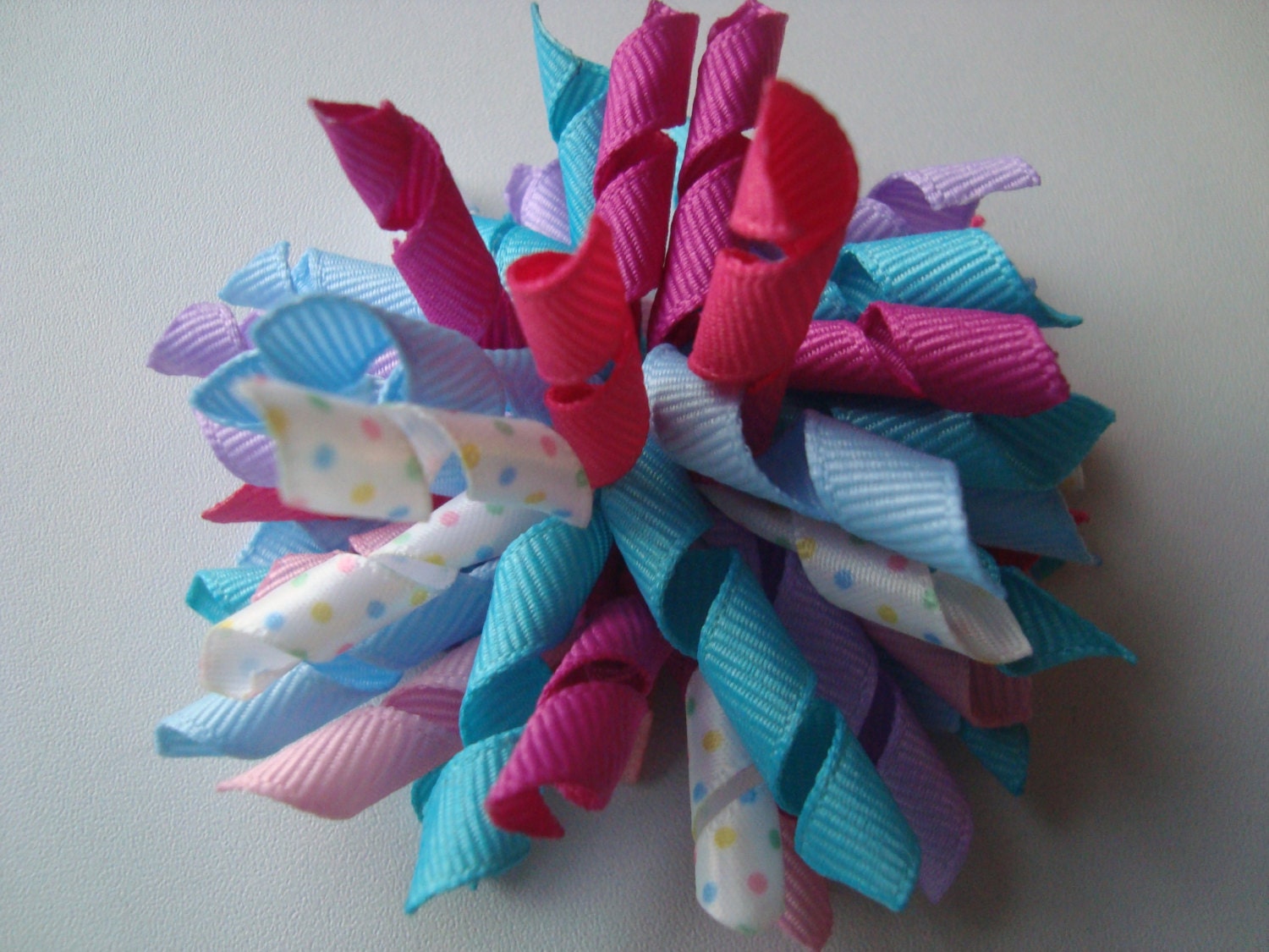 Pink, Rose, Lavender, Fuchsia, Aqua, Blue and White Korker Ribbon Hair Clip/Hair Bow