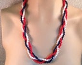 Vintage Long Braided Red White and Blue Necklace