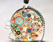 Geometric Floral Pattern Glass Bezel Art Pendant with Ball Chain Necklace Included (ITEM B012)