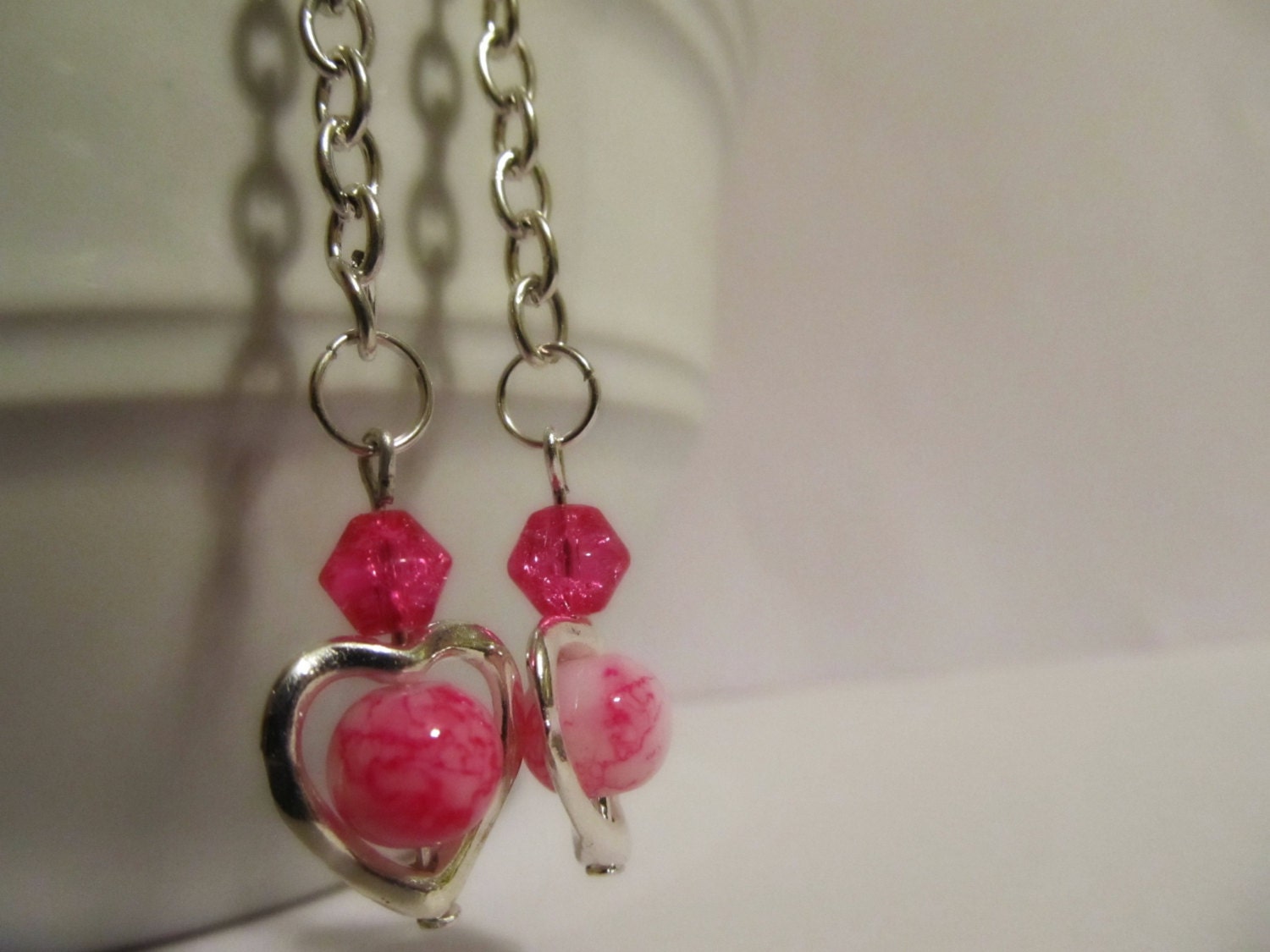 Earrings - Handmade - Pink Beads, Silver Hearts - Chain - Valentine's Day "Wishing I Didn't Love You Anymore"