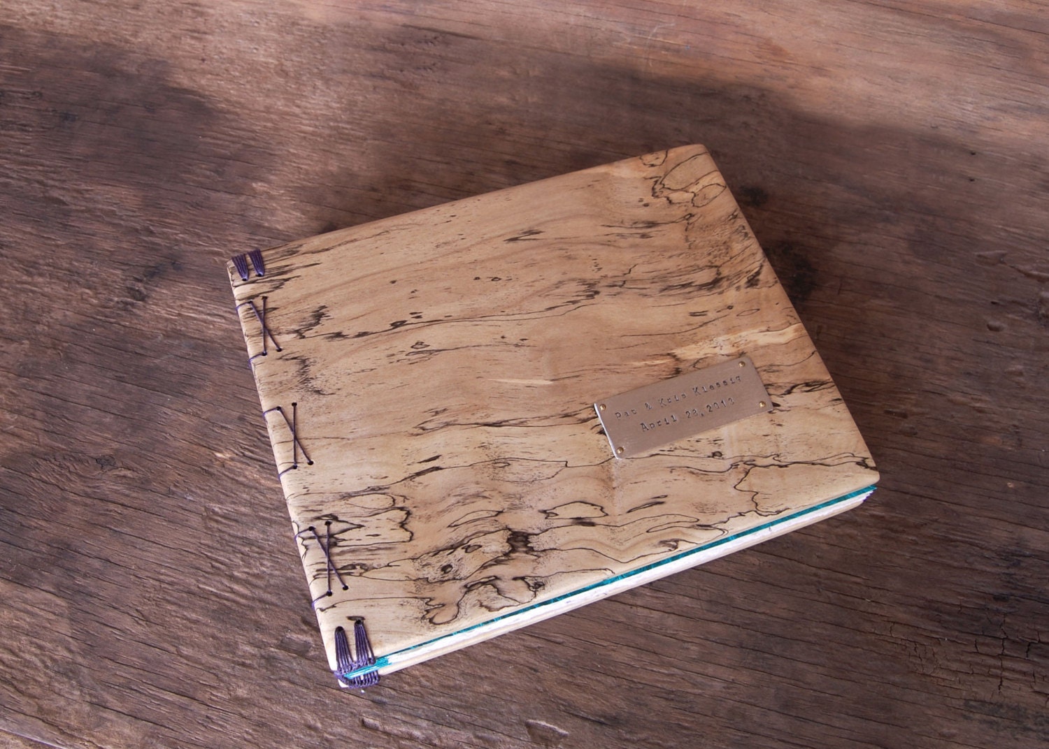 Wood Wedding Guest Book - Spalted Maple Wood Book -  Rustic handmade anniversary  spring woodland wedding Teal Turquoise- made to order