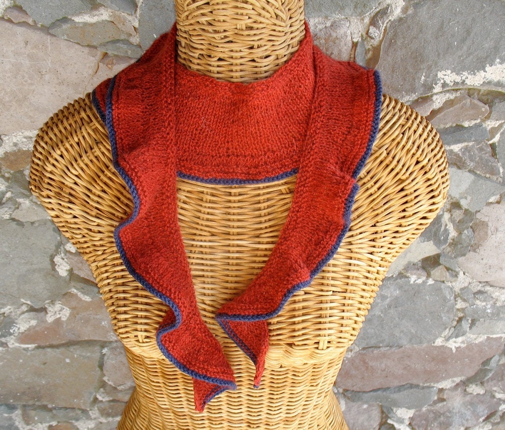 Hand-knit Scarflette in Salsa Red with Dark Amethyst Trim