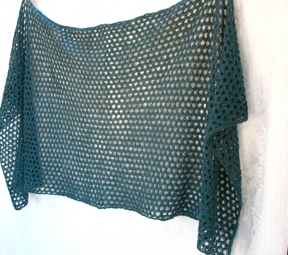 Rectangle Handknit Shawl in Teal "Fishnet"