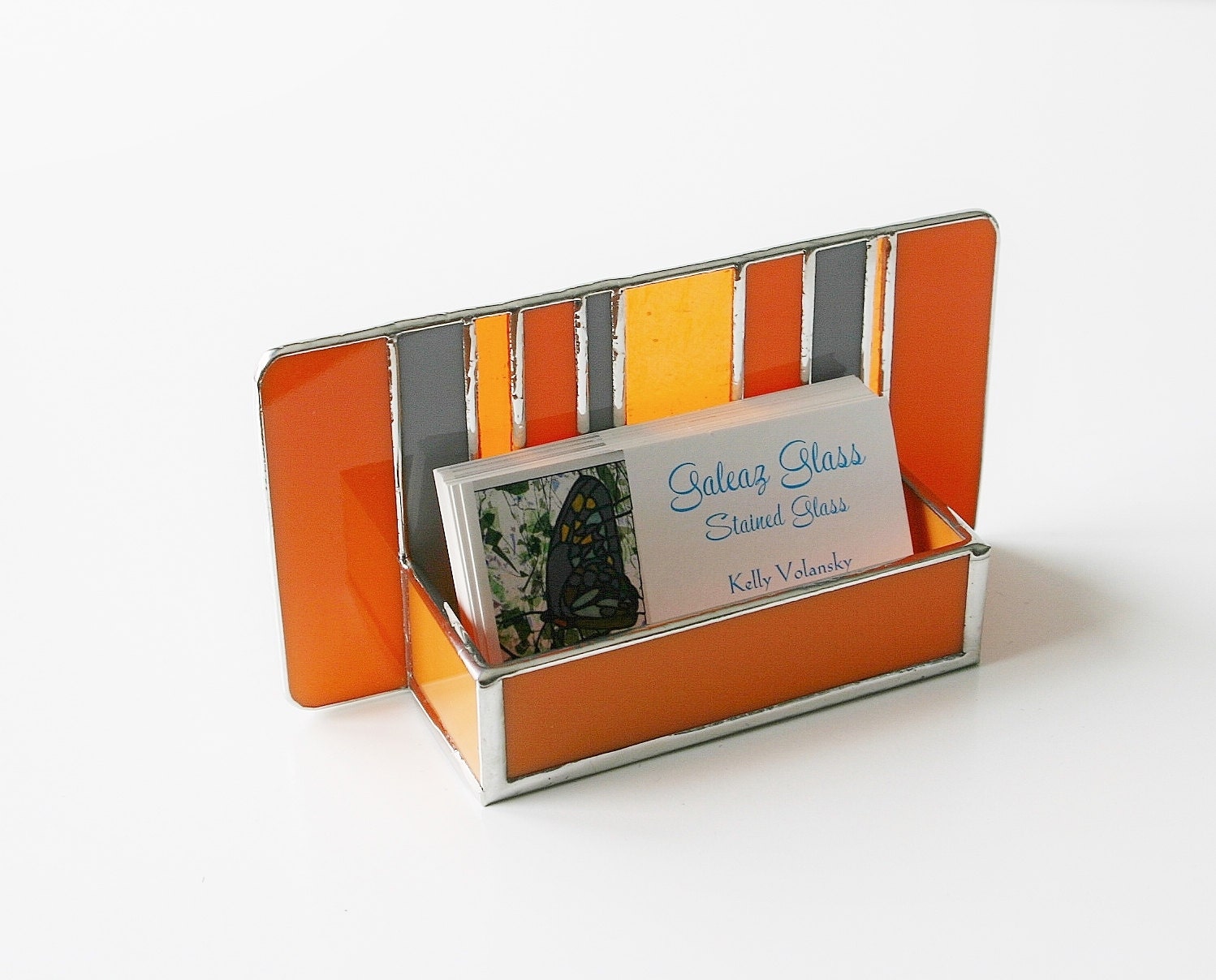 Stained Glass Modern Business Card Holder Retro Colors Tangerine Orange Gray Office Decor Contemporary Desk Accessory Unisex Handmade OOAK