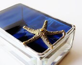 Stained Glass Jewelry Box Indigo Sapphire Blue 2x3 w/ Gold-tone Pewter Starfish Handmade Beach Wedding Graduation Gift