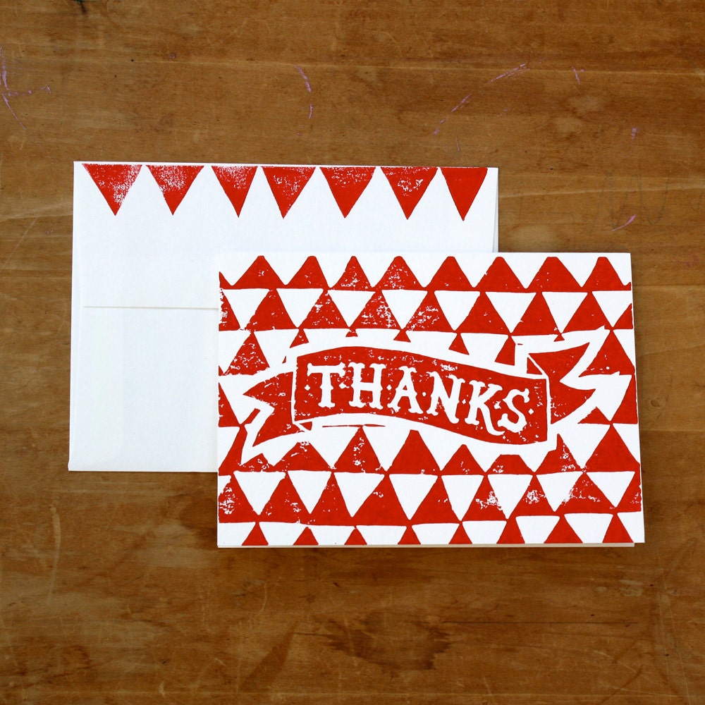 Bright Red Thank You Card - hand pulled linocut print