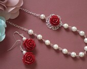 Elegant Bridal Jewelry-Red color Rose Pearl Necklace & Earring Set - Wedding Jewelry, Bridal Jewelry