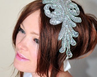 Bridal Headband Sequin Wedding Headband Silver Headwrap Bridal Hair Band Vintage Head wrap Hair Scarf  Romantic Girly