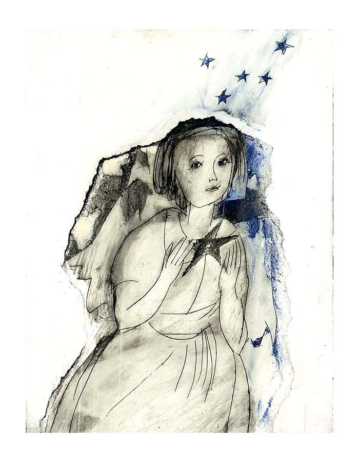 original  GIRL with STAR  mixed media figurative 8.5" x 11" paper