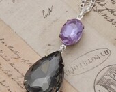 Purple Gray Jewel Necklace Wedding Bridesmaids Lavendar Black Diamond Large Necklace 16" Silver Bridesmaids Jewelry