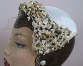 1950's Cap Hat-White Floral, Birdcage Veil