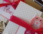 Sweet Valentine Felt Owl Pink and White Polka Dot Kraft Boxed Notecard Set