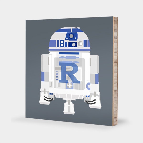 R for R2D2 : ABC Block Bamboo Wall Art Series // Alphabet Kids Wall Art Nursery Room Decor Star Wars Sci-fi 4 x 4