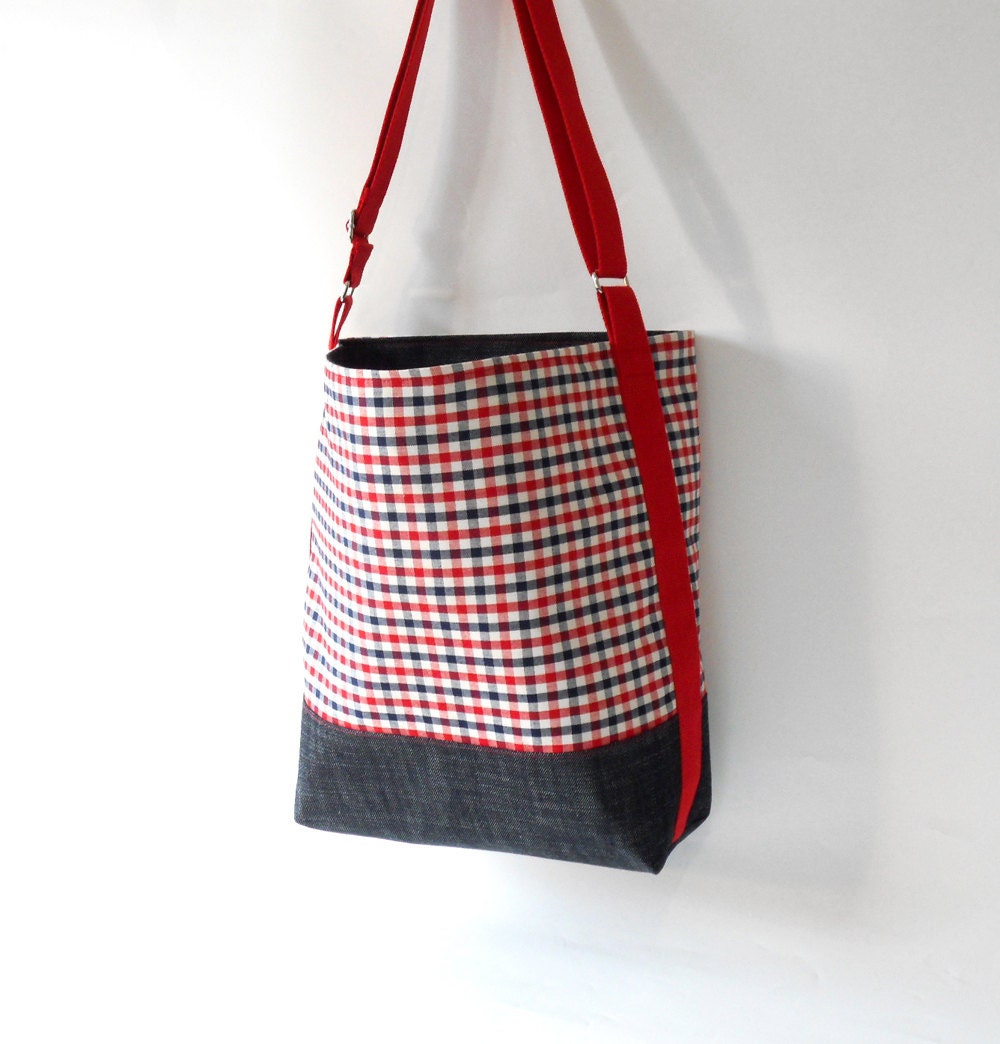 Red and navy check and Vintage denim shoulder bag / Diaper bag / Hobo bag / School bag / Side strap, Design by BagyBags
