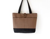 Chocobrown and navy canvas shoulder Bag / Tote / Diaper bag, with 2 Front Pockets, Design by BagyBags
