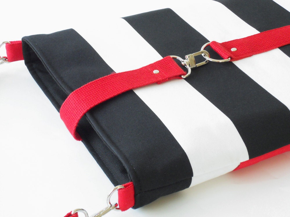 13 inch MacBook or Laptop sleeve / Laptop bag, with attachable strap - Black Stripe Canvas Red Strap Closure, Design by BagyBags