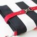 13 inch MacBook or Laptop sleeve / Laptop bag, with attachable strap - Black Stripe Canvas Red Strap Closure, Design by BagyBags