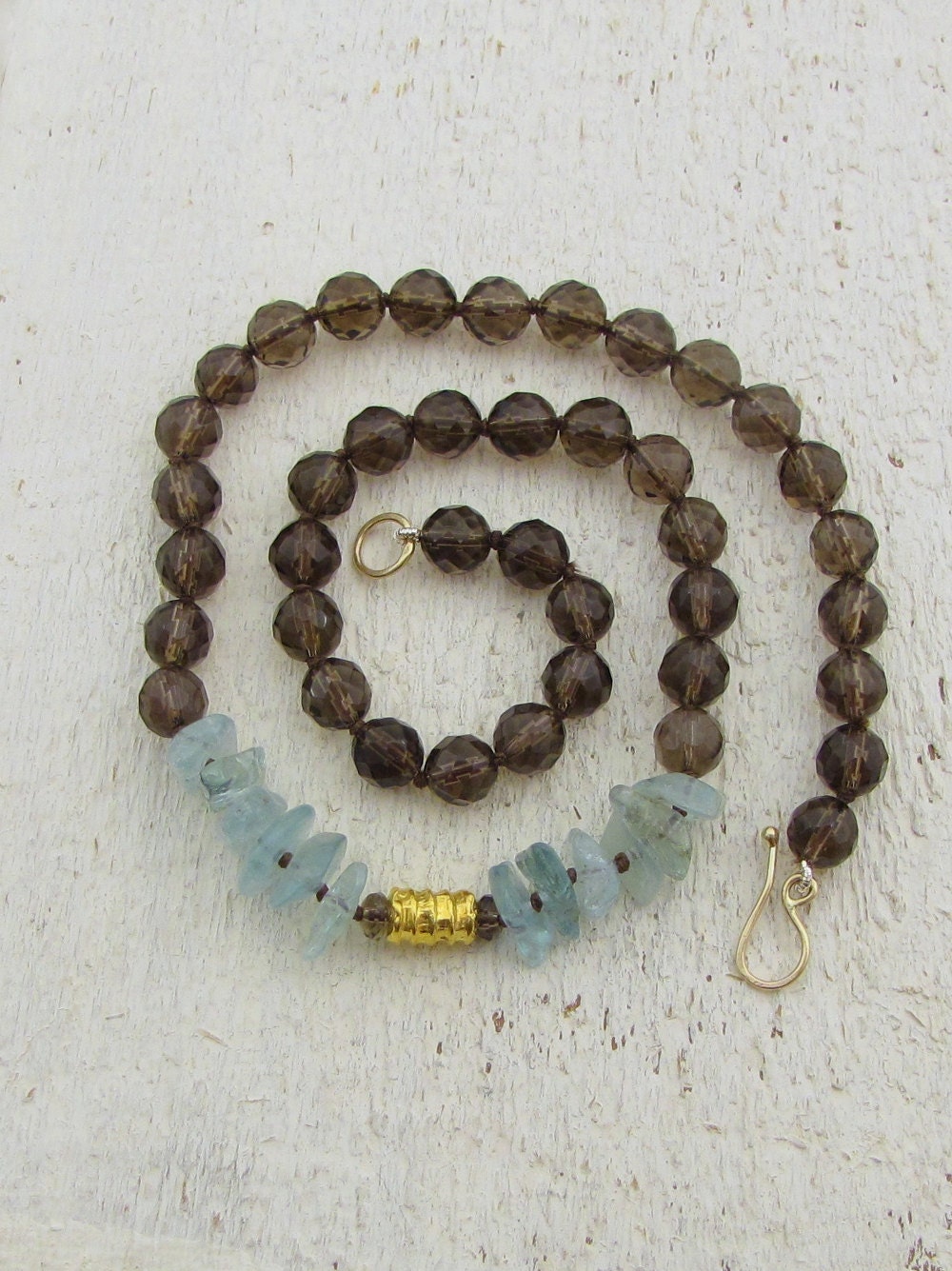 Smoky Topaz, Aquamarine and 24k Gold Necklace - Gemstone Necklace - Statement Necklace