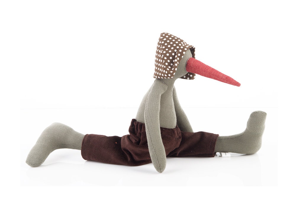 Plush Bird Doll - olive duck soft toy with oxblood long beak , Dotted Brown hat , brown corduroy trousers - timohandmade Eco Stuffed Doll