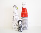 Family portrait-  Couple and child, Mother ,father, girl ,in shades Black white and red  , custom & personalized dolls are welcome