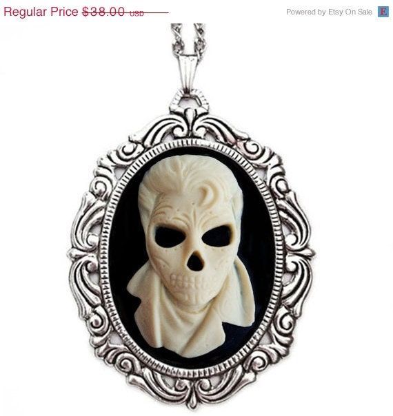 Halloween Jewelry -Day of the Dead Rocker Necklace - Skeleton Cameo Jewelry