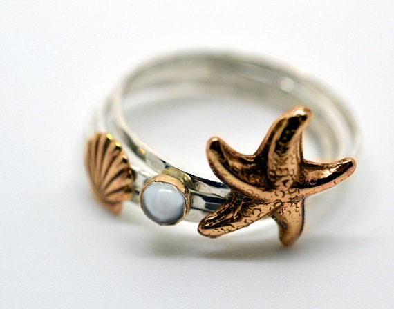 Seashell, Starfish, Gemstone, Stackable Sterling Silver Rings, Hammered Silver, Stacking, Nautical Rings, Seaside Rings