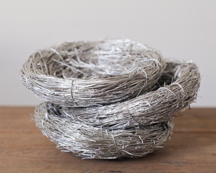 3 Silver Bird's Nests - Rustic 5 inch Simple Woodland Grass Craft Nests