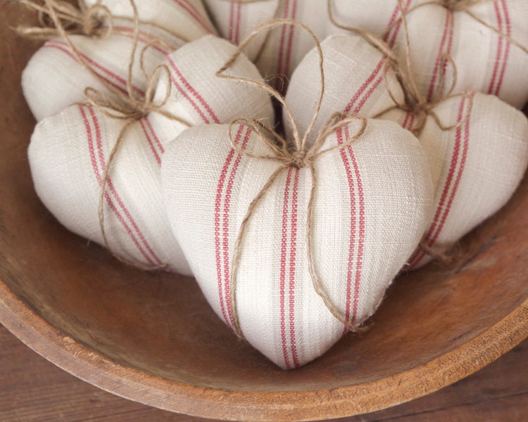 Rustic Heart Ornaments - Red French Country Stripe Plush Hearts, Set of 3