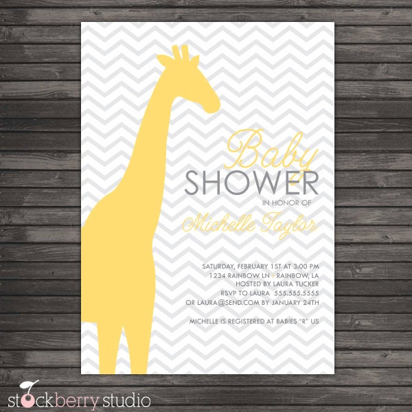 Chevron Yellow Gray Giraffe Baby Shower Printable Invitation Il_570xn