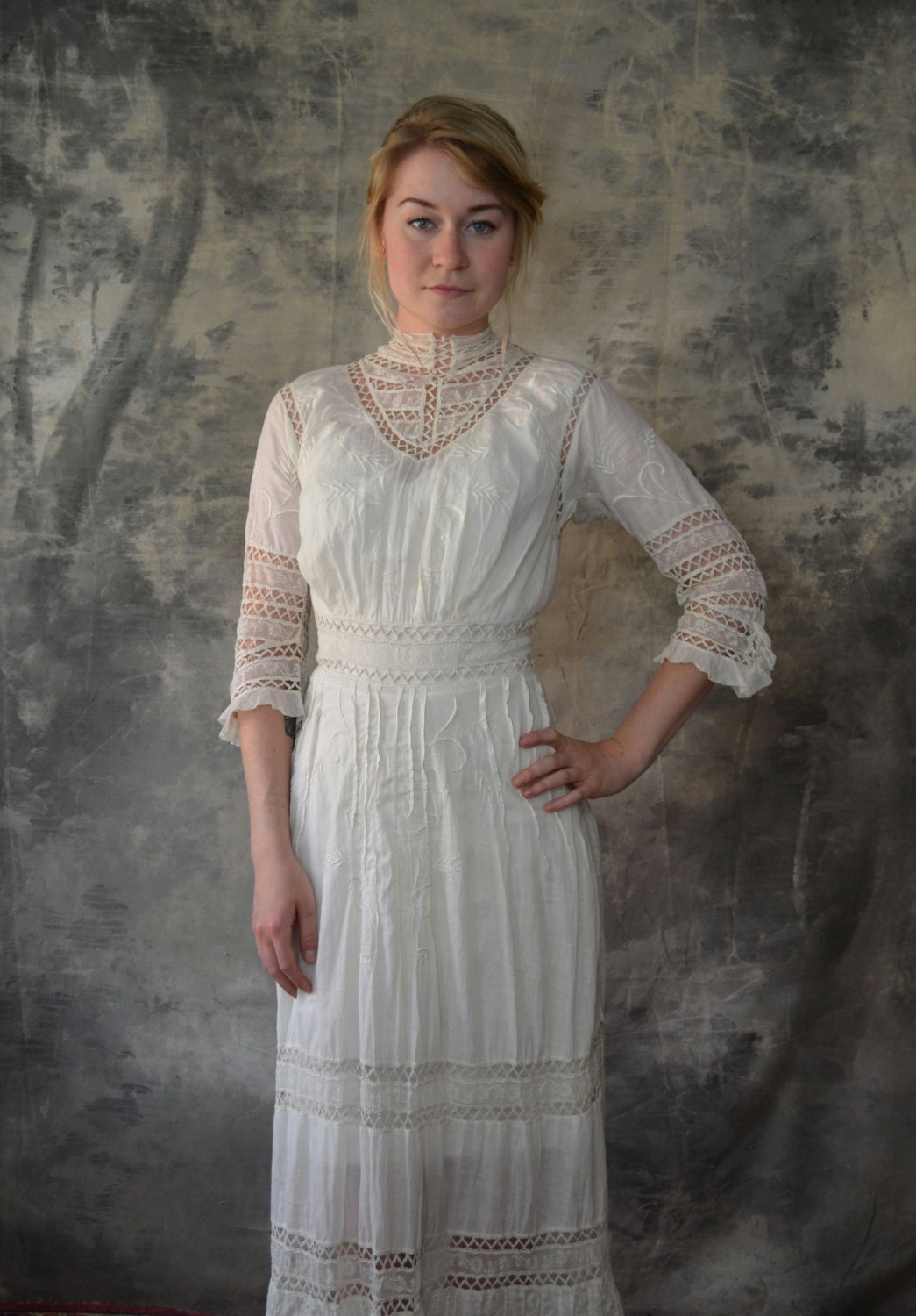 1910s White Edwardian Cotton and Lace Dress