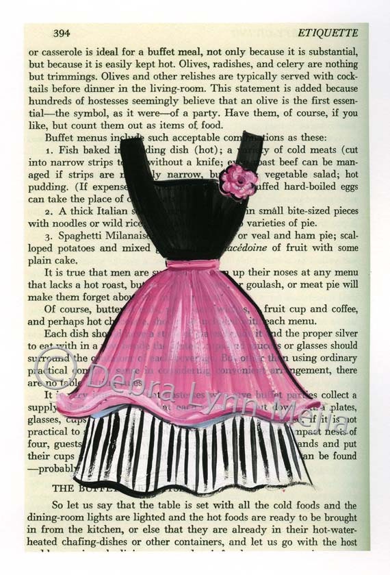 Jeanne dress and apron original illustration on printed etiquette page