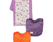 Baby Girl Newborn Gift Set - 1 Burp Cloth and 2 Drool Newborn Bibs in Purple and Orange - FREE SHIPPING