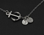 Personalized Sideways Anchor Necklace, SILVER Anchor Jewelry, Personalized Initial Disc Marine Navy Necklace, Nautical Jewelry
