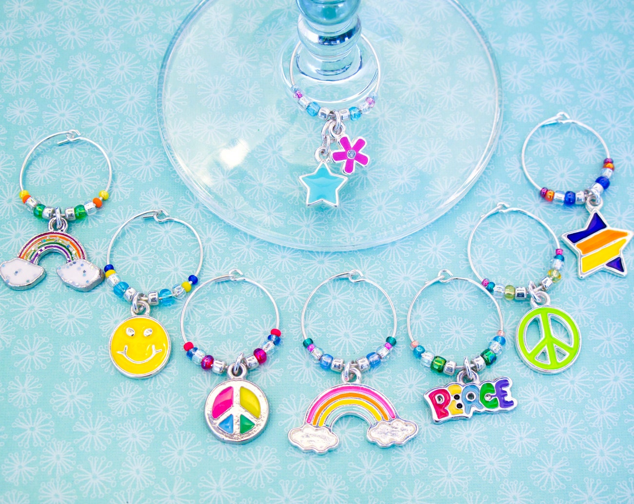 Retro Wine Charms - Set of 8 Colorful Whimsical Retro Wine Glass Charms