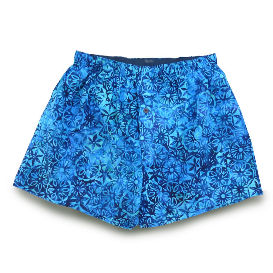 Cotton MENS Boxer Shorts, MEDIUM Turquoise Navy, blue batik (M/BL014)